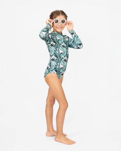 Palm Paradise Zip-Back Long Sleeve Swimsuit