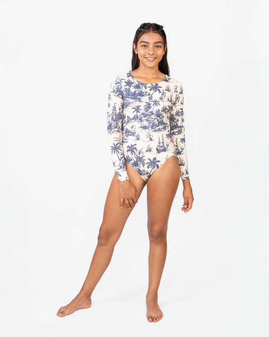 Chinoiserie Blue Long Sleeve Swimsuit