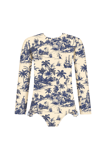 Chinoiserie Blue Long Sleeve Swimsuit