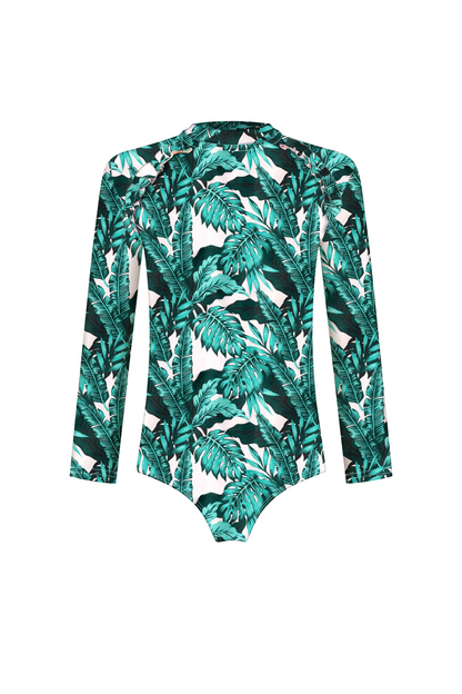 Palm Paradise Zip-Back Long Sleeve Swimsuit