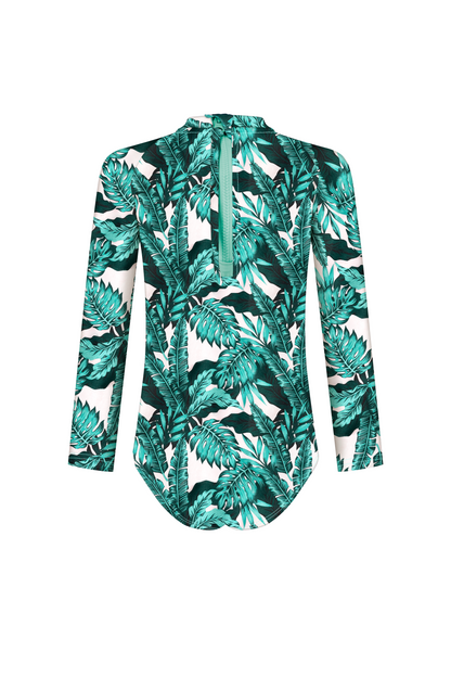 Palm Paradise Zip-Back Long Sleeve Swimsuit